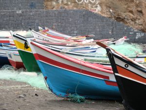 Viele bunte Fischerboote liegen am Strand von São Vicente.